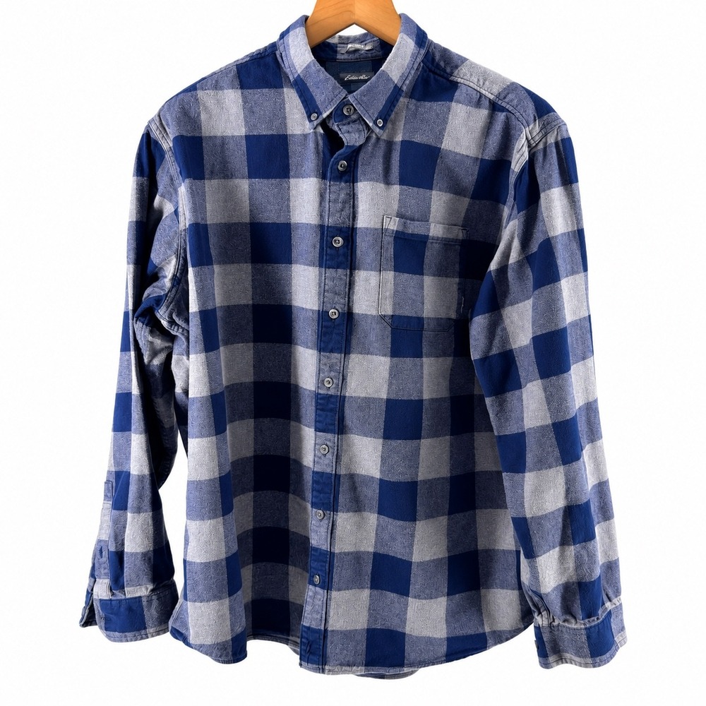 Eddie Bauer Mens Relaxed Fit Flannel Shirt Blue Grey Buffalo Check-Large